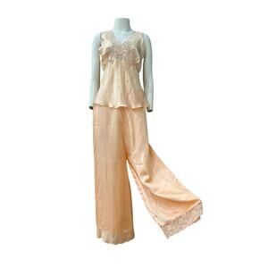 Antique 1930s Pink Silk Pajama Set Lace Wide Leg Lounge Silk 2 Pc -